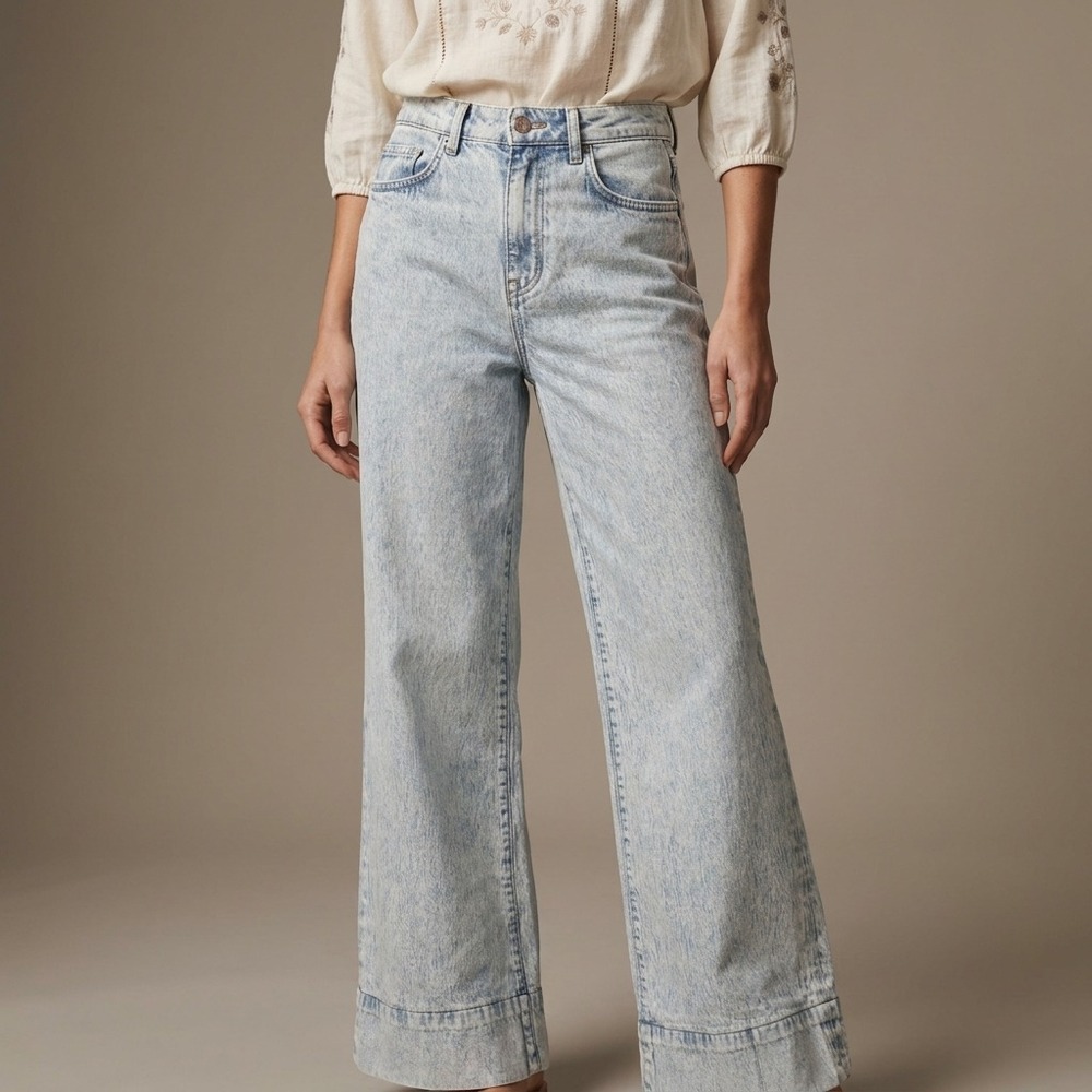 TRIARCHY Women Wide Leg Jeans 25 Light Blue Organic Cotton Acid Wash Retro